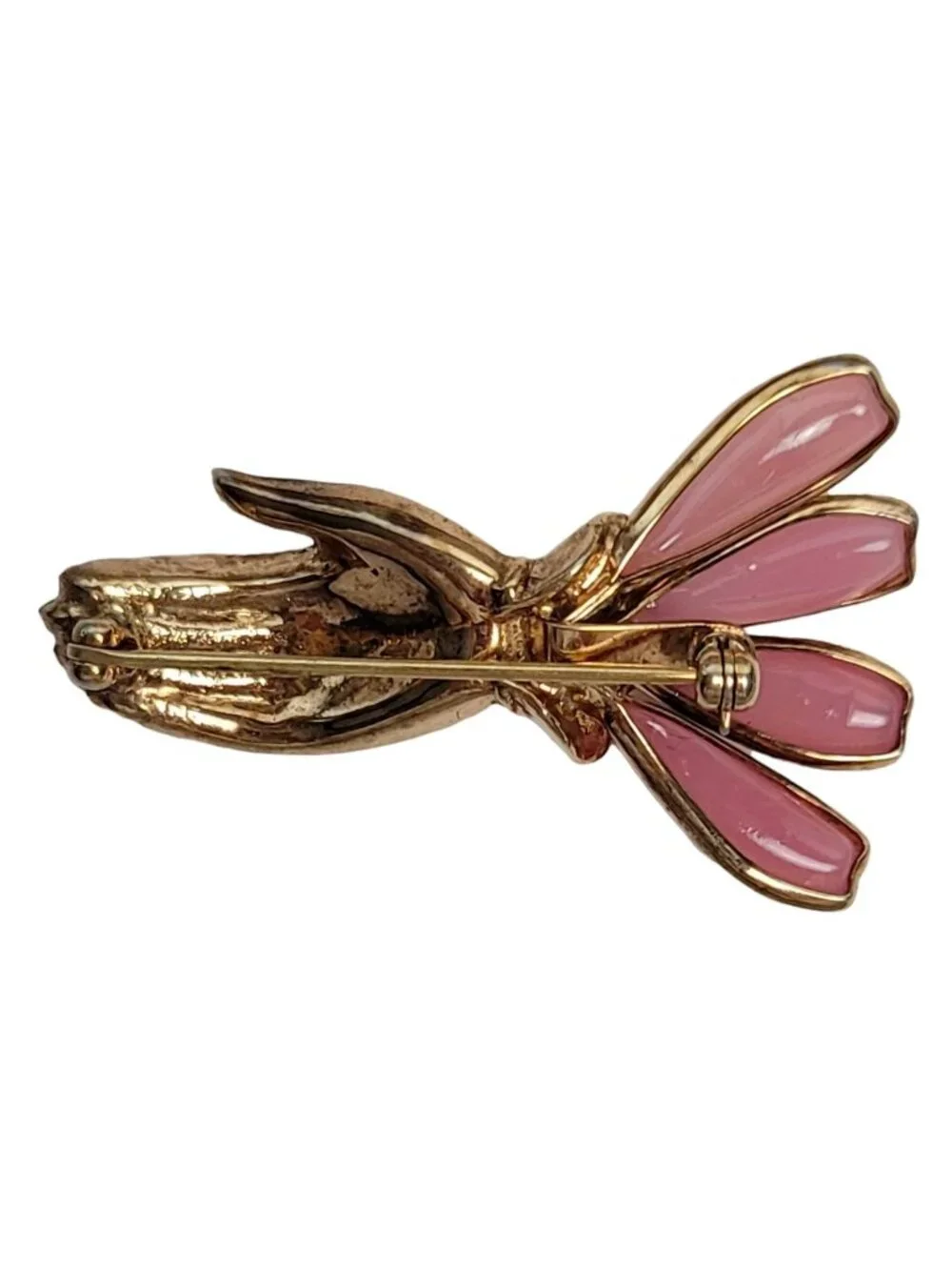 Trifari Gold-Tone Pink Poured Glass Hand Brooch, Philippe, N84